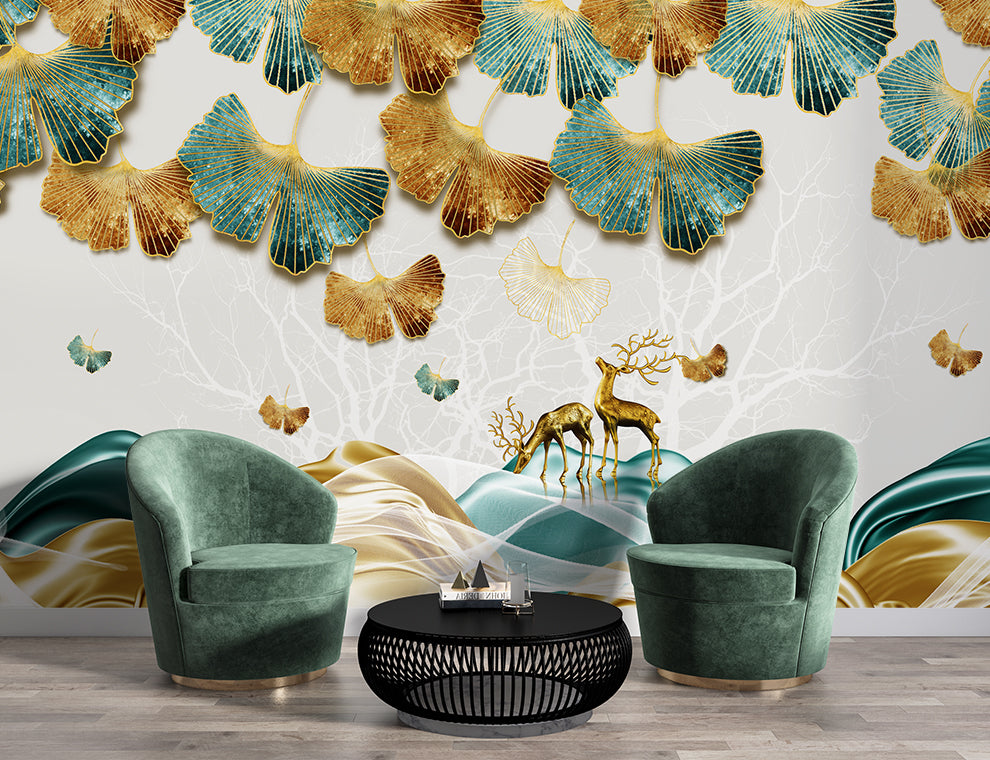 3d beautiful ginkgo leaves and deer wallpaper