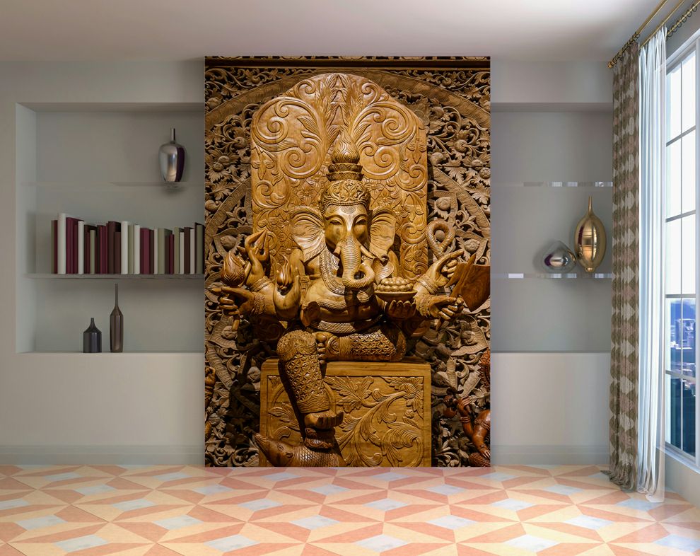 Ganesha wooden carving 3d wallpaper, Hindu gods customized wallpaper