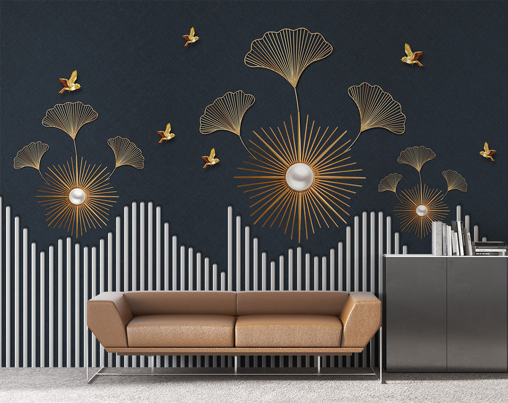 Ginkgo Leaves and Golden Birds Wallpaper