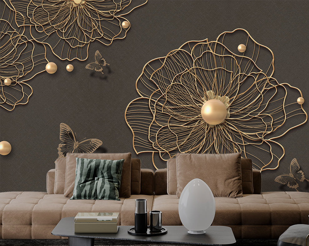 3d beautiful golden line flower pearl butterfly background wallpaper