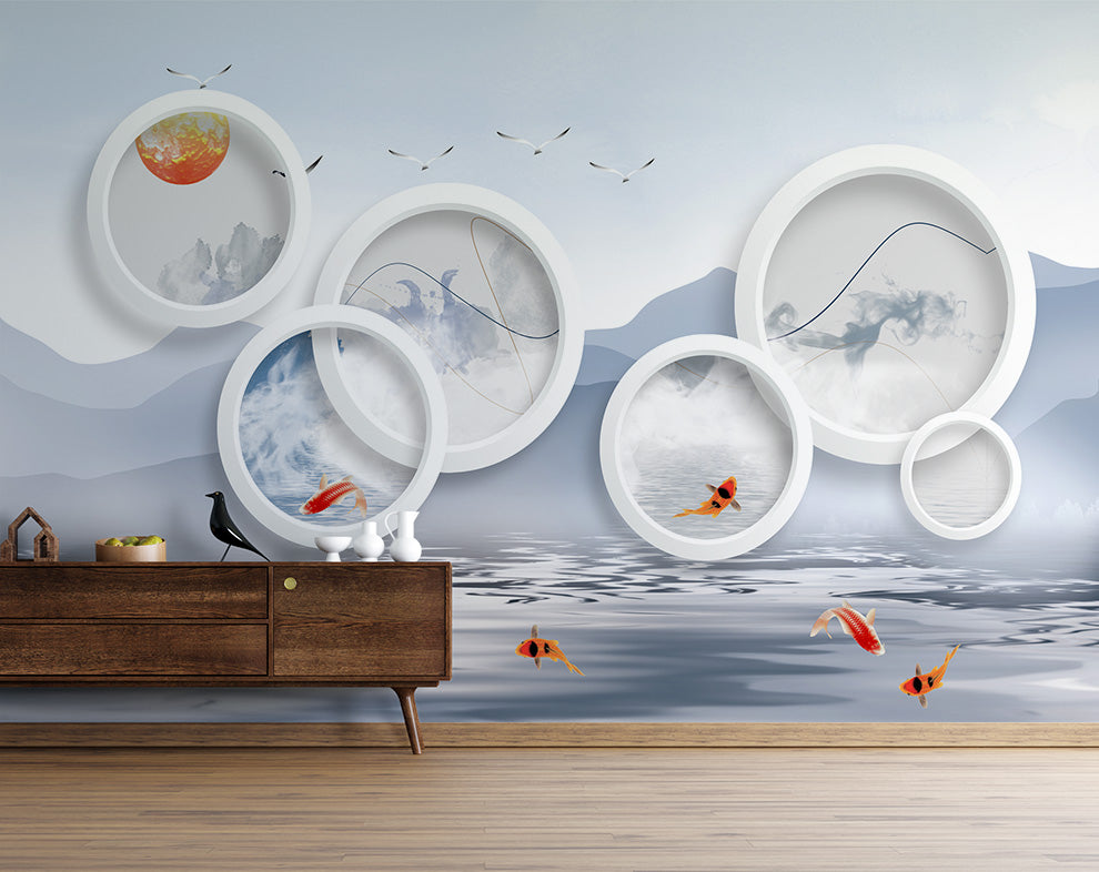 3D Circle Art And Fish Wallpaper | Living Room Wallpaper
