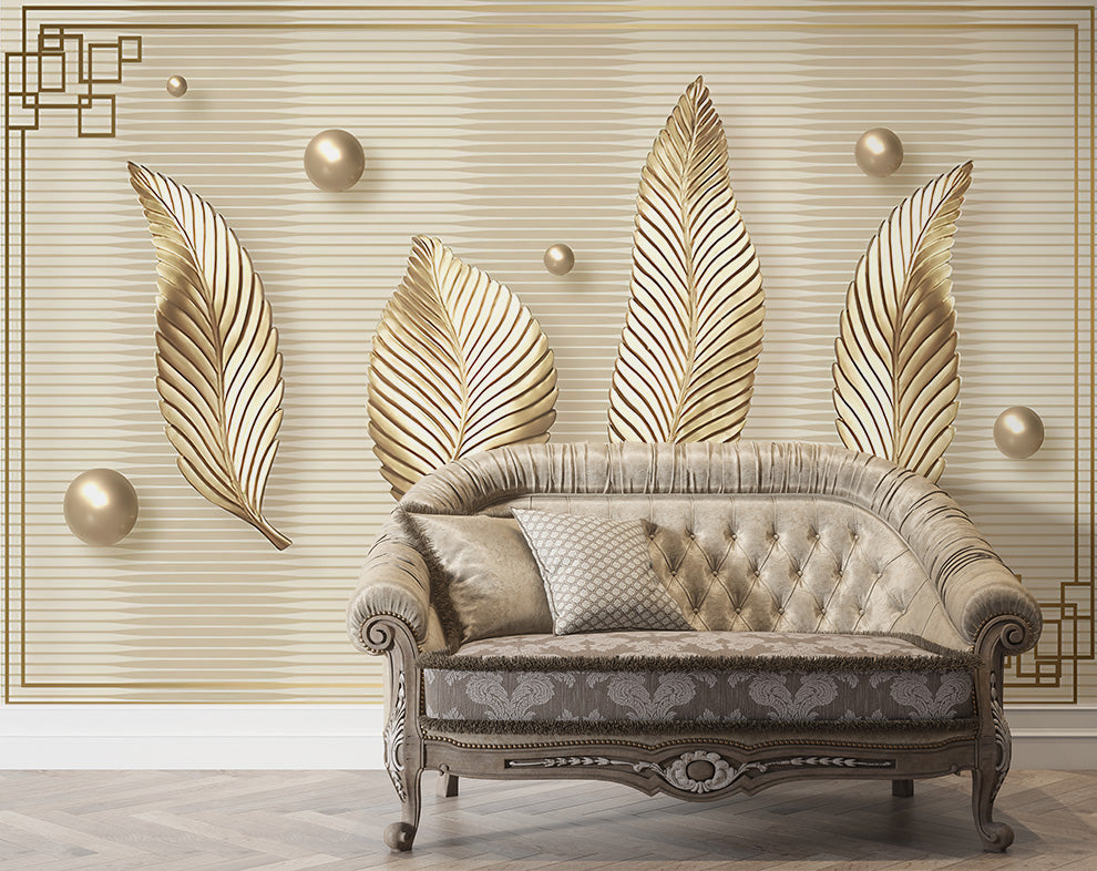 Horizontal 3D Golden Leaf Design Wallpaper