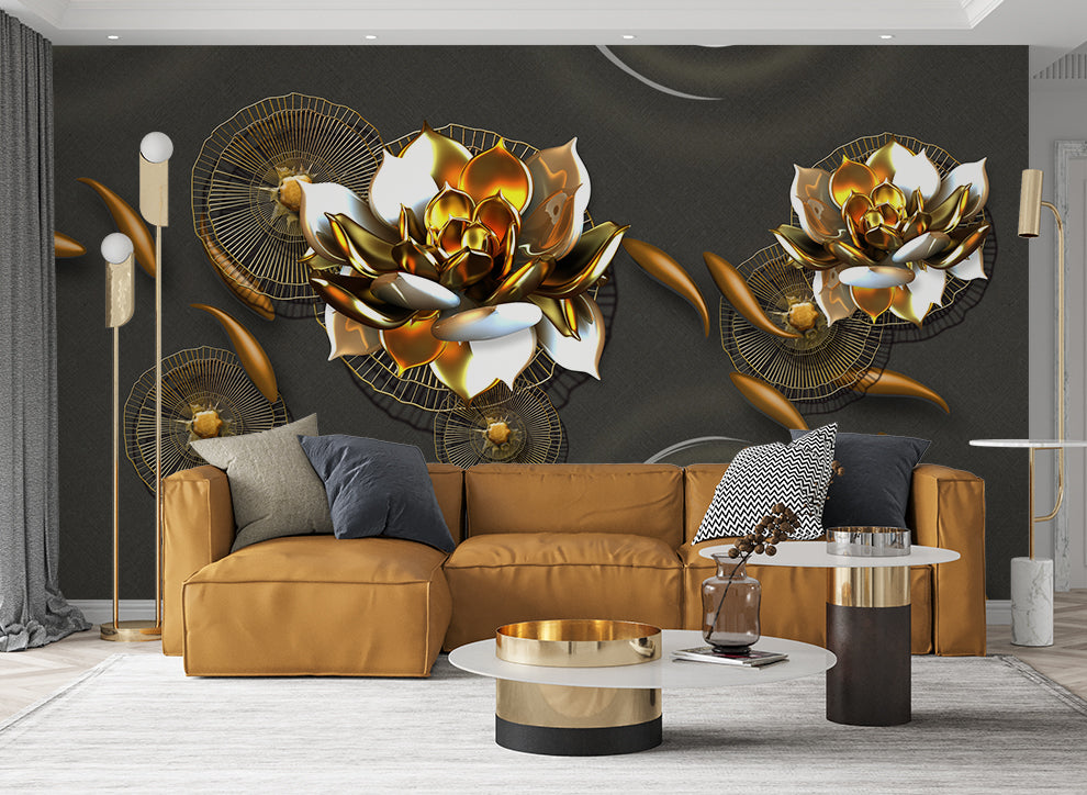 3D Creative Golden Lotus Flowers Wallpaper
