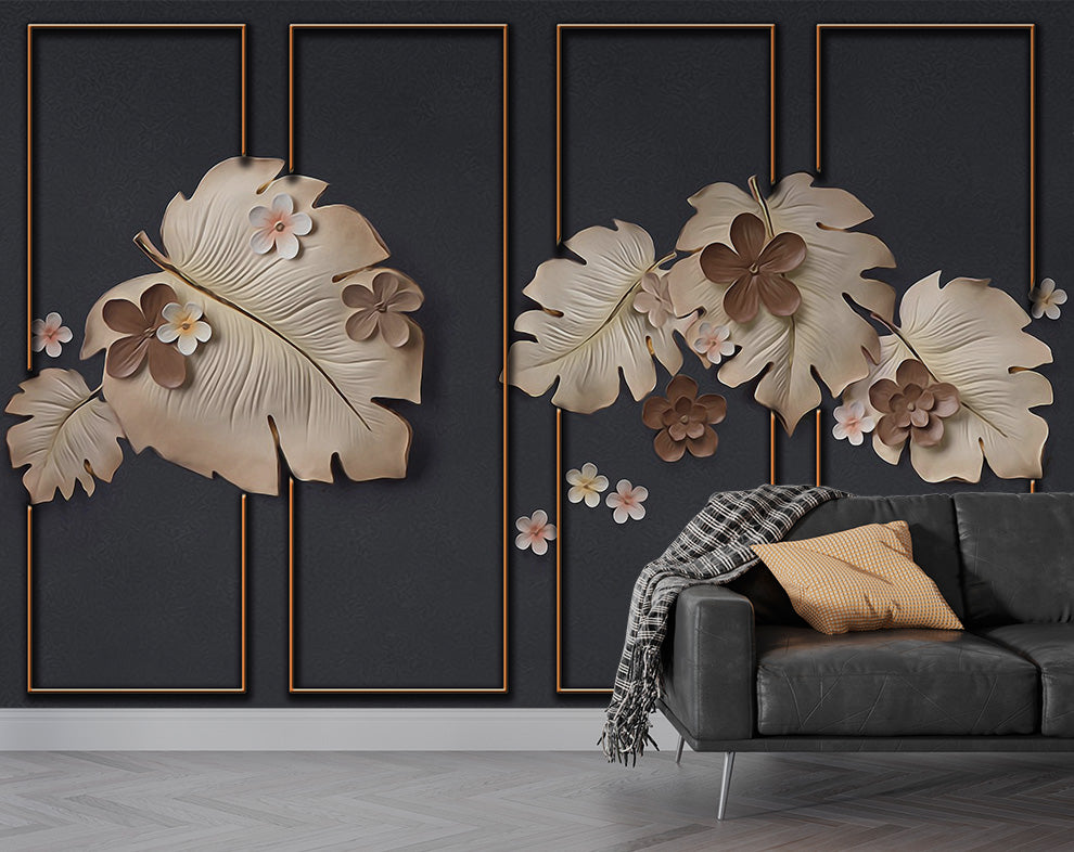 Modern 3D Flowers & Leaf Embossed Background Wallpaper