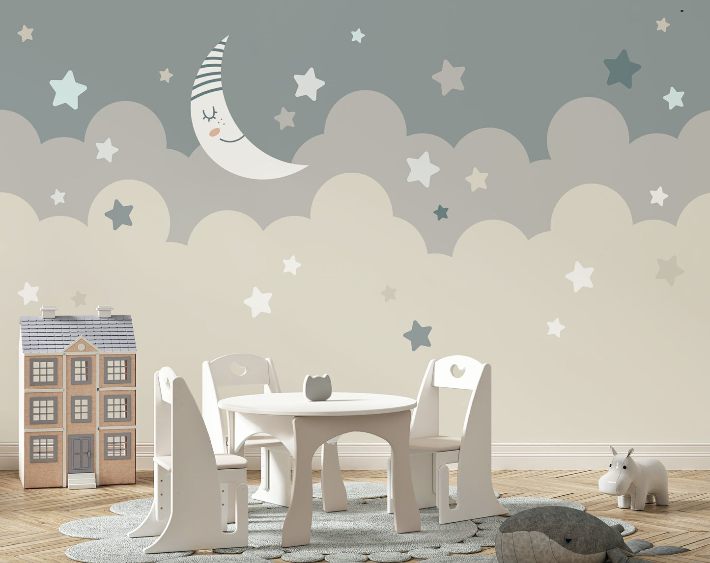Sleepy Moon and Stars Theme Kids Wallpaper