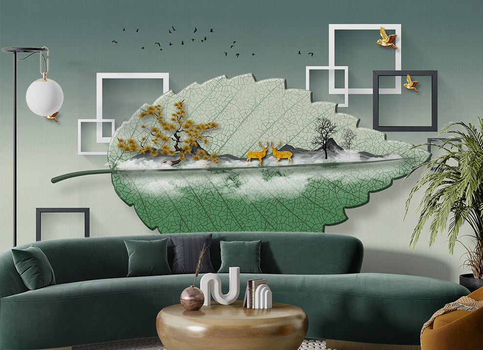 3D Beautiful Leaf Deer Trees Birds Frames Wallpaper