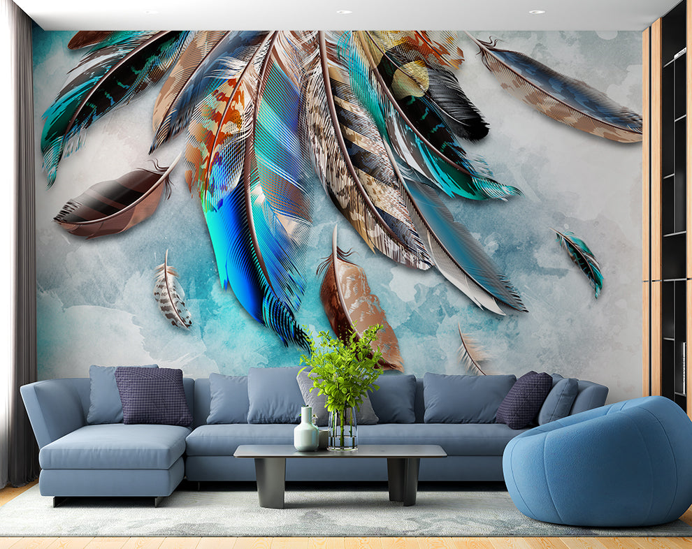 3D Colorful Feather Wallpaper For Bedroom