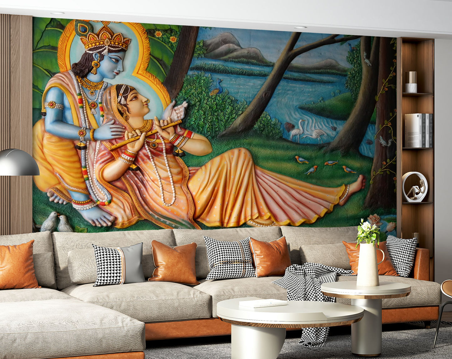 Radhakrishna Hand Draw Painting Mural Wallpaper