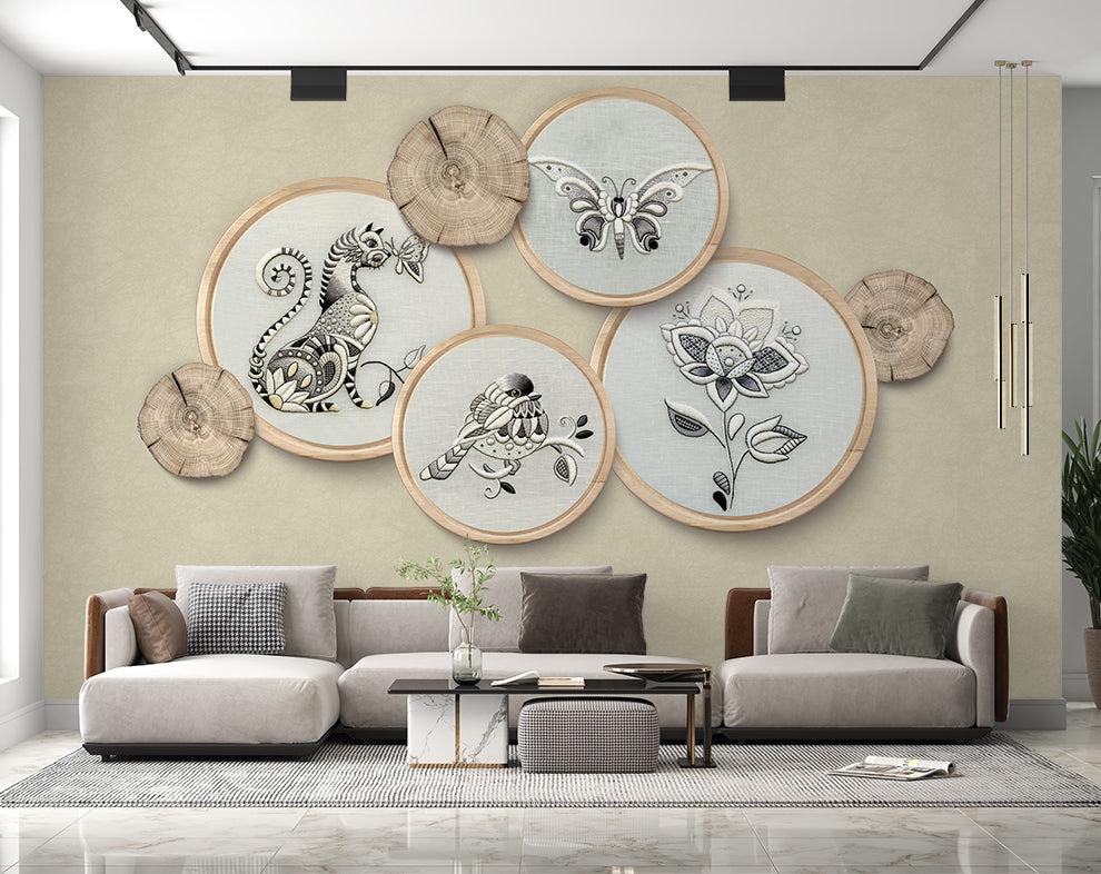 3D Creative Wood Circle,Flower,Birds And Animal  Wallpaper