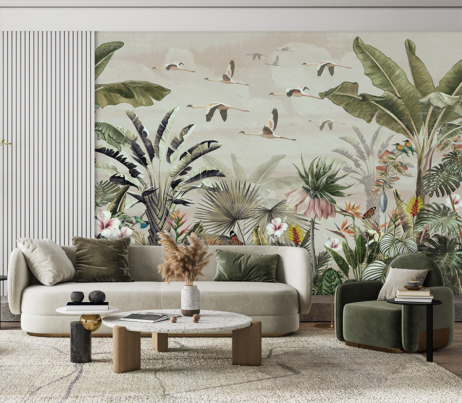 Living Room - Tropical Forest & Birds – Botanical Wall Mural Wallpaper, Custom Size
