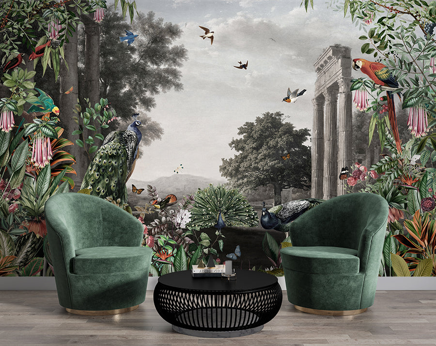 Peacock And Birds Landscape Vintage Wallpaper