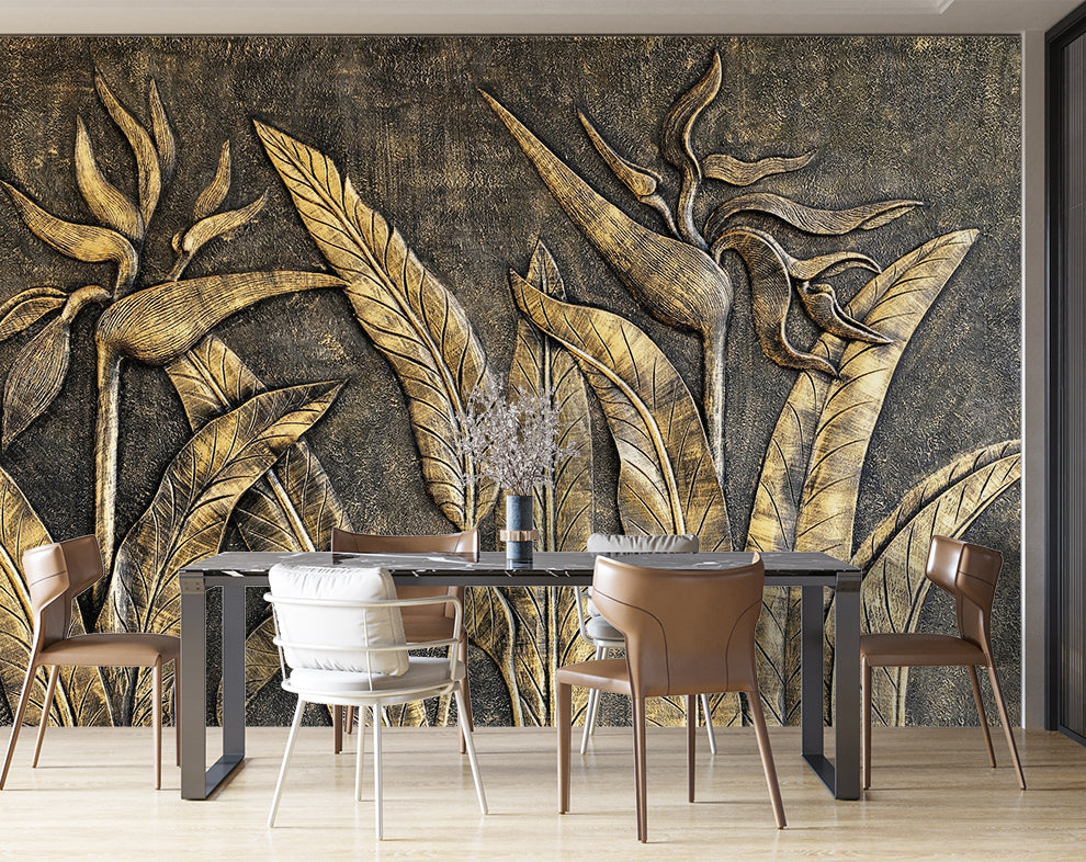 3D Gold Leaf Wallpaper, Living and Dinning Space Wall Mural
