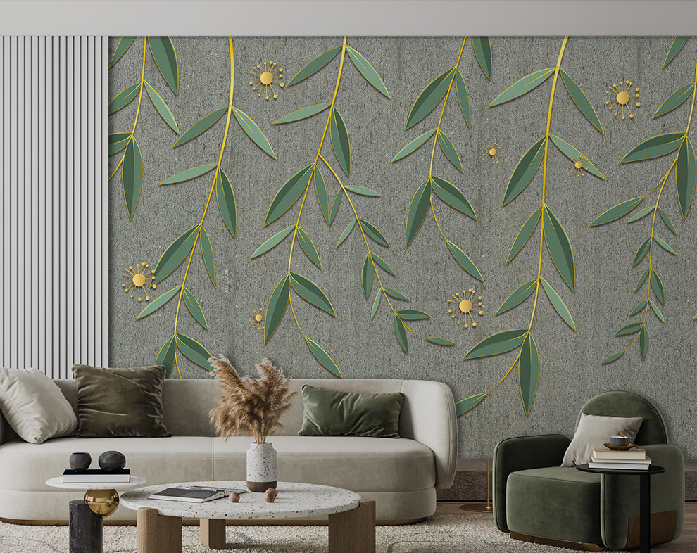 Green Leaves And Yellow Dots Tropical Wallpaper
