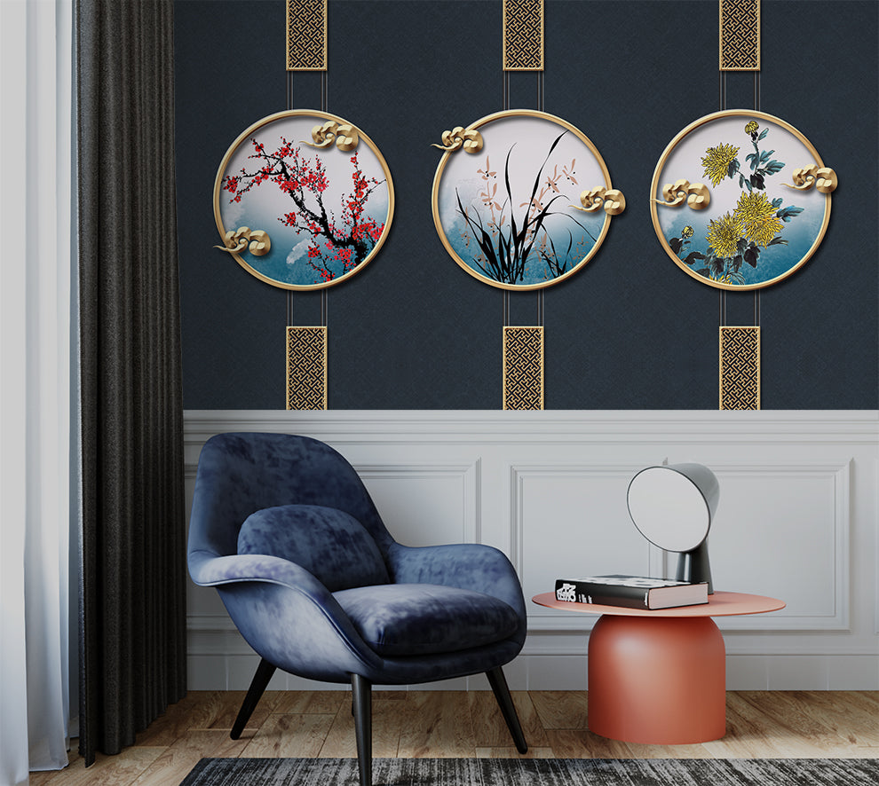 3D Creative Flowers And Modern Gold Metal Art Wallpaper