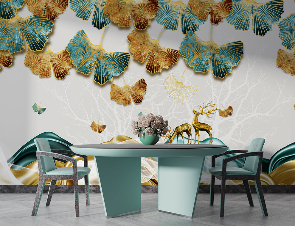 3d beautiful ginkgo leaves and deer wallpaper