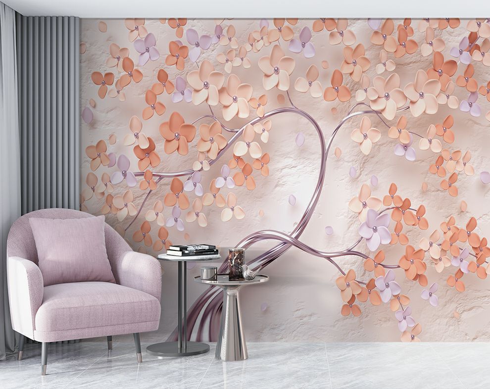 3D Rose Pink Flower and Tree Mural Wallpaper