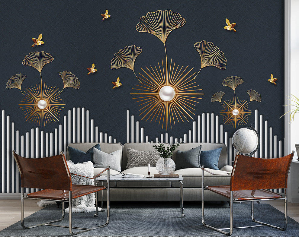 Ginkgo Leaves and Golden Birds Wallpaper