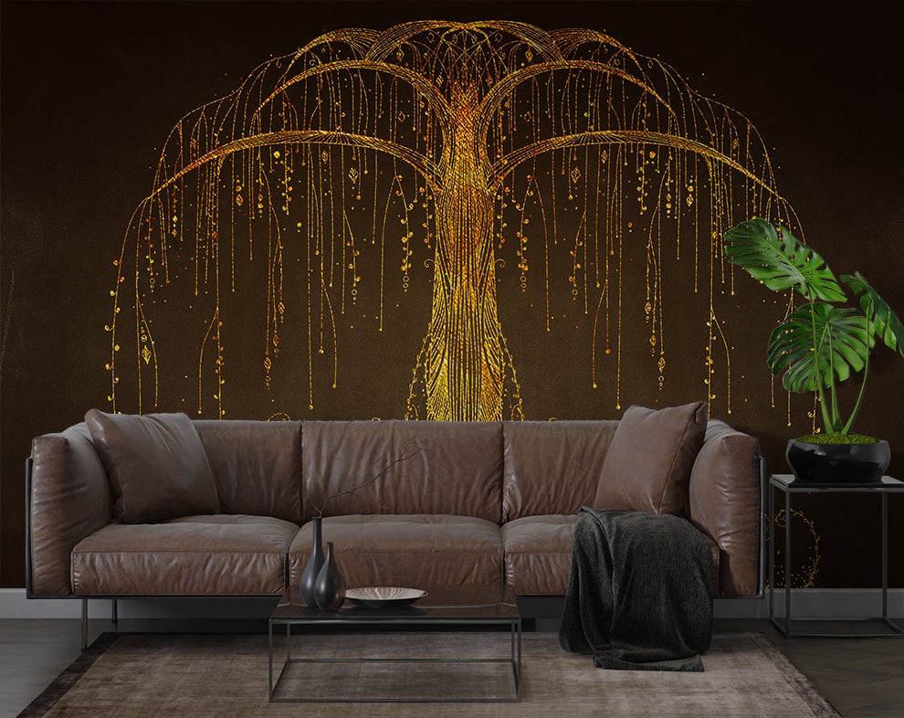 Abstract Golden Tree Mural Wallpaper