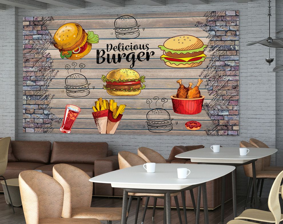 fast food icons cafe wallpaper for walls, food item on wood wallpaper
