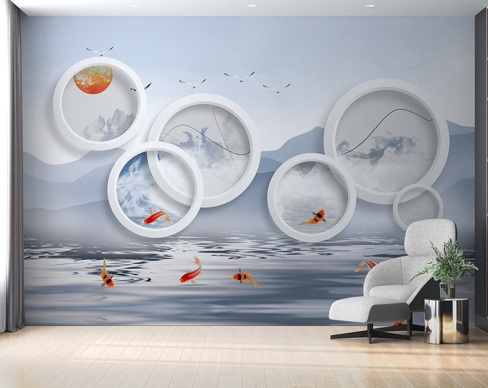 3D Circle Art And Fish Wallpaper | Living Room Wallpaper