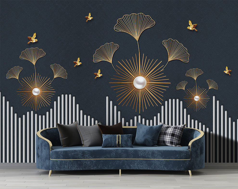 Ginkgo Leaves and Golden Birds Wallpaper