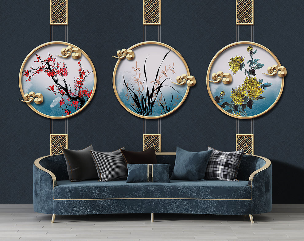 3D Creative Flowers And Modern Gold Metal Art Wallpaper