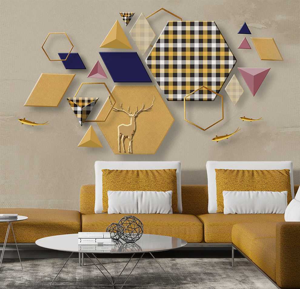 3d geometric design and deer wallpaper