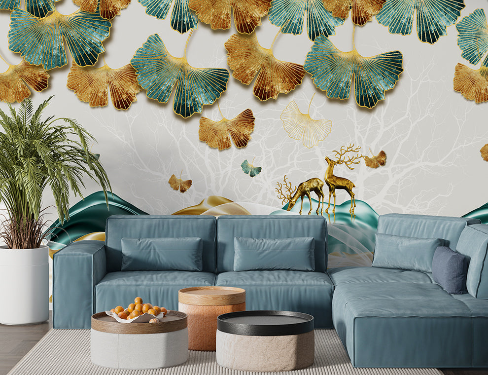3d beautiful ginkgo leaves and deer wallpaper