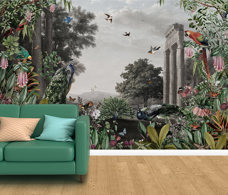 Peacock And Birds Landscape Vintage Wallpaper
