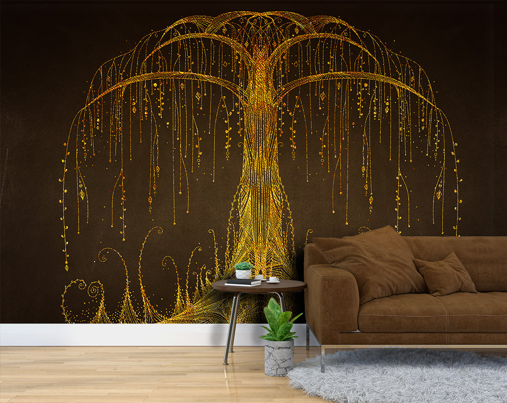 Abstract Golden Tree Mural Wallpaper