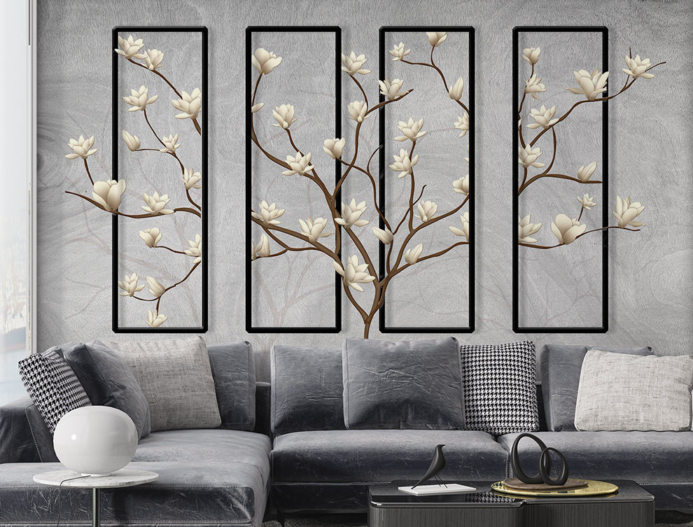 3D Floral & Square Frame Botanical Grey Wallpaper