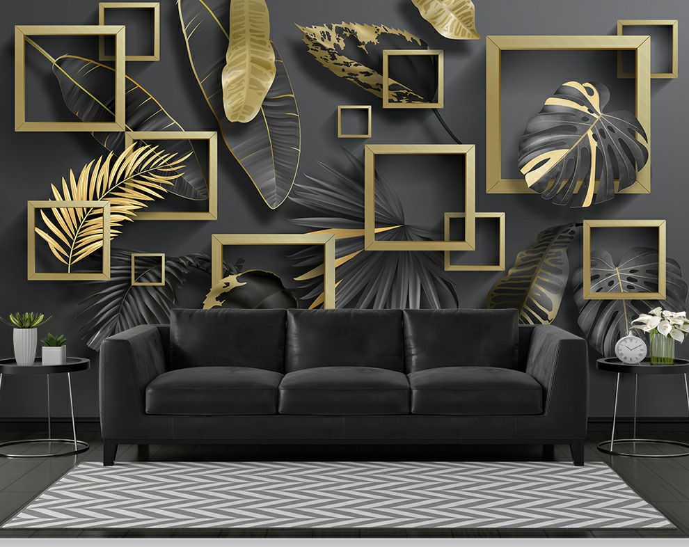 3D Black Leaf And Golden Square Wallpaper