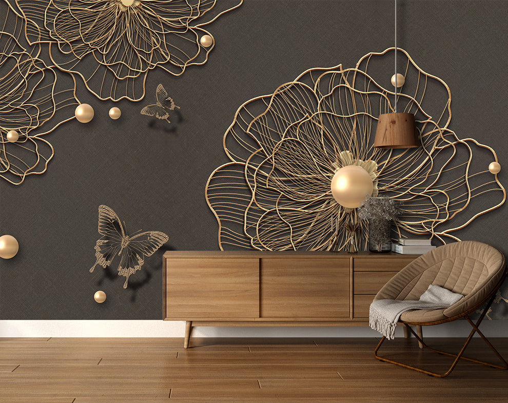 3d beautiful golden line flower pearl butterfly background wallpaper