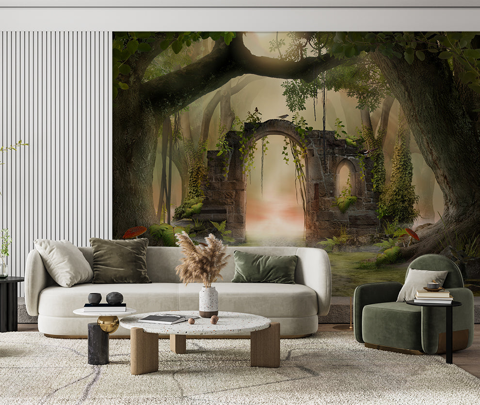 3D Effect Forest Tree Wallpaper For Living Room | Magical jungle wallpaper mural