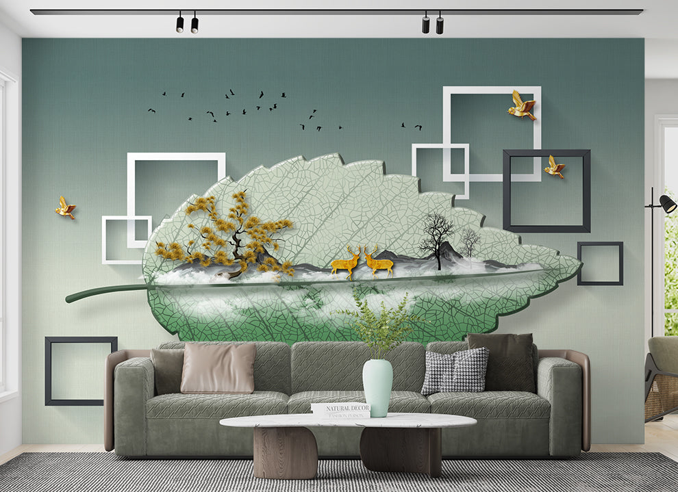 3D Beautiful Leaf Deer Trees Birds Frames Wallpaper