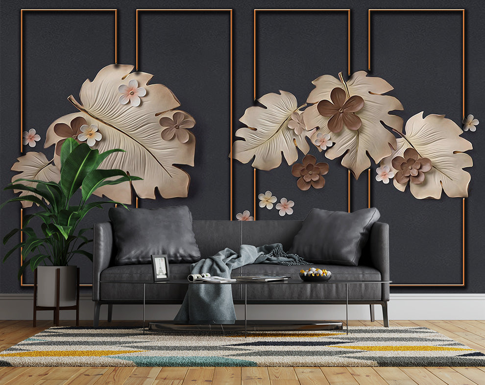 Modern 3D Flowers & Leaf Embossed Background Wallpaper