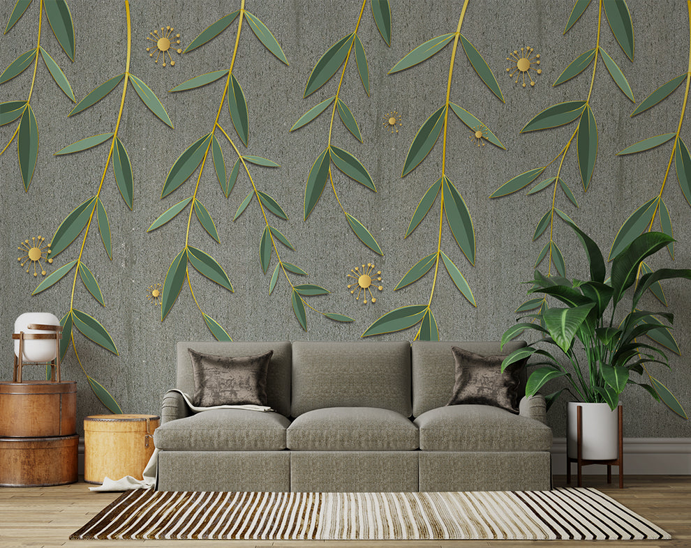 Green Leaves And Yellow Dots Tropical Wallpaper