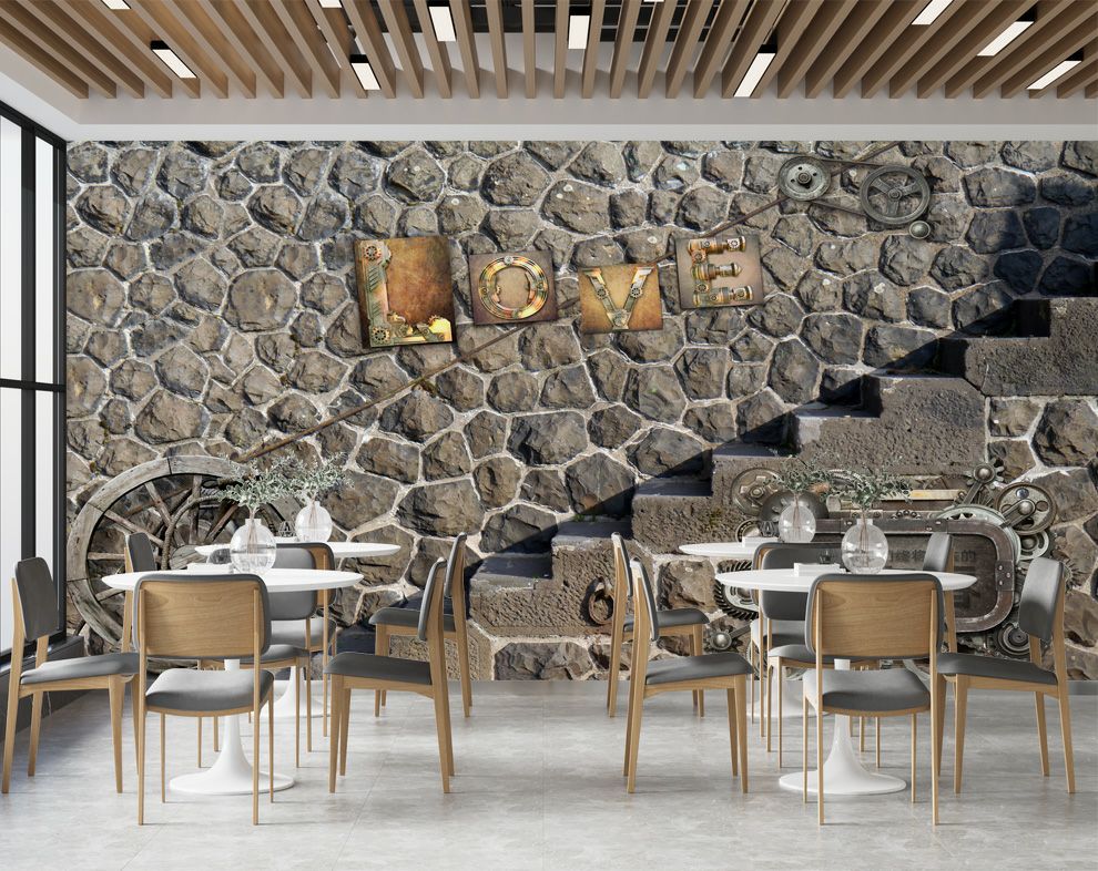 Stone Wall Art With Love Label Restaurant Cafe 3D Wallpaper