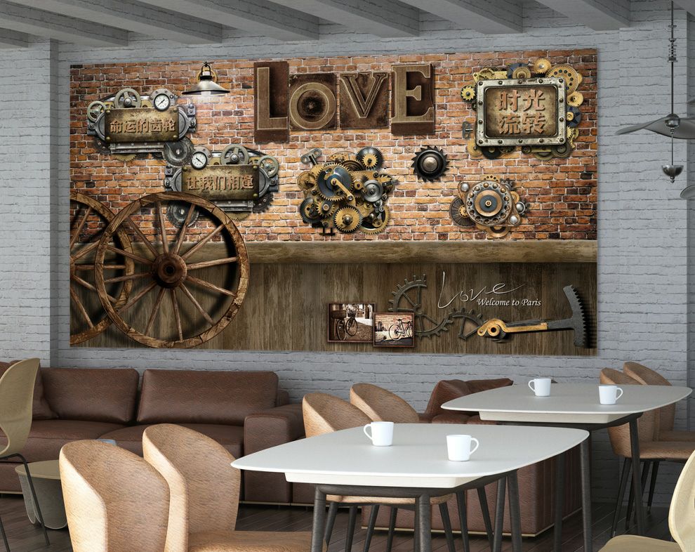 Restaurant and Cafe Brown Bricks Wooden Wheel Wallpaper for Walls