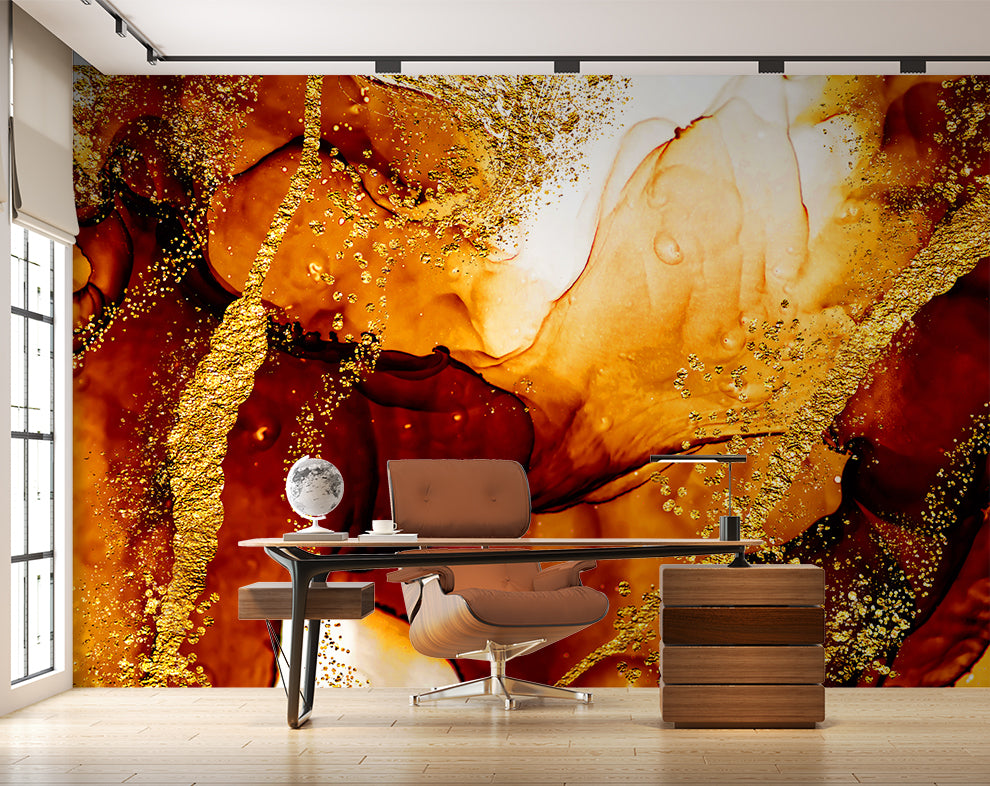 Dark Yellow And Red Marble Abstract Art Wallpaper