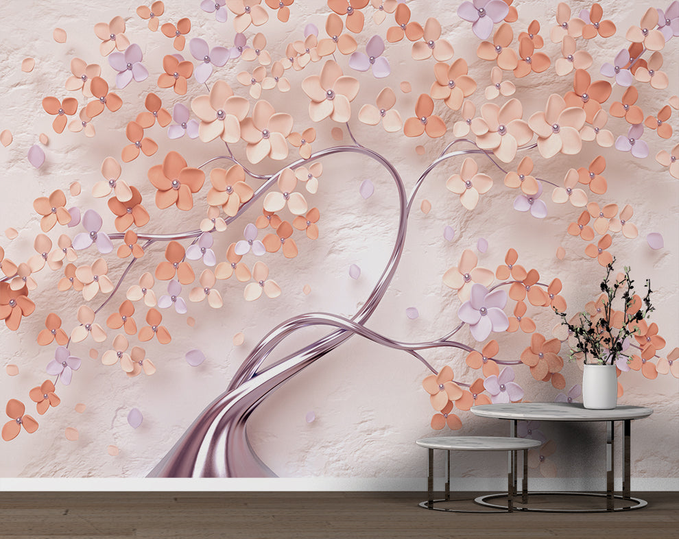 3D Rose Pink Flower and Tree Mural Wallpaper
