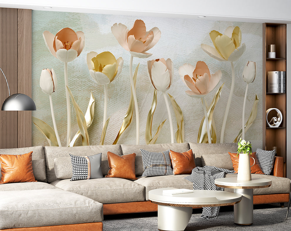 3D Golden Colourful Tulip Flowers for Living Room Walls