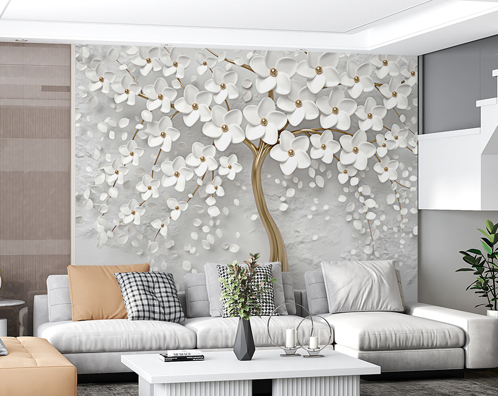 3d Golden tree and white flowers wallpaper | Living room wallpaper for walls