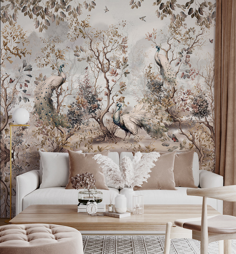 Living Room - Chinoiserie Peacock – Botanical Wall Mural Wallpaper, Custom Size