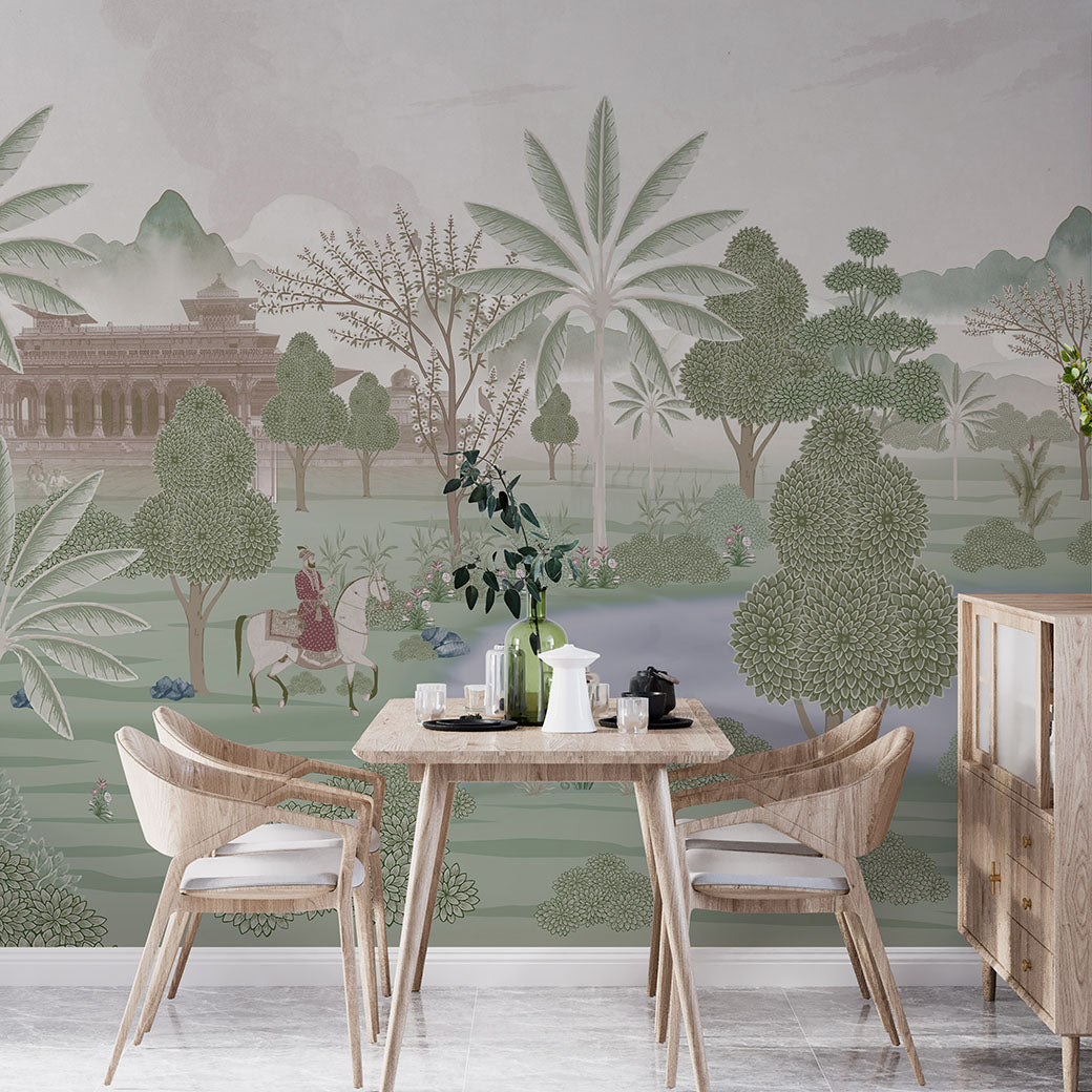Dining Room - Shant Sarovar – Vintage Indian Lake Wall Mural Wallpaper, Custom Size