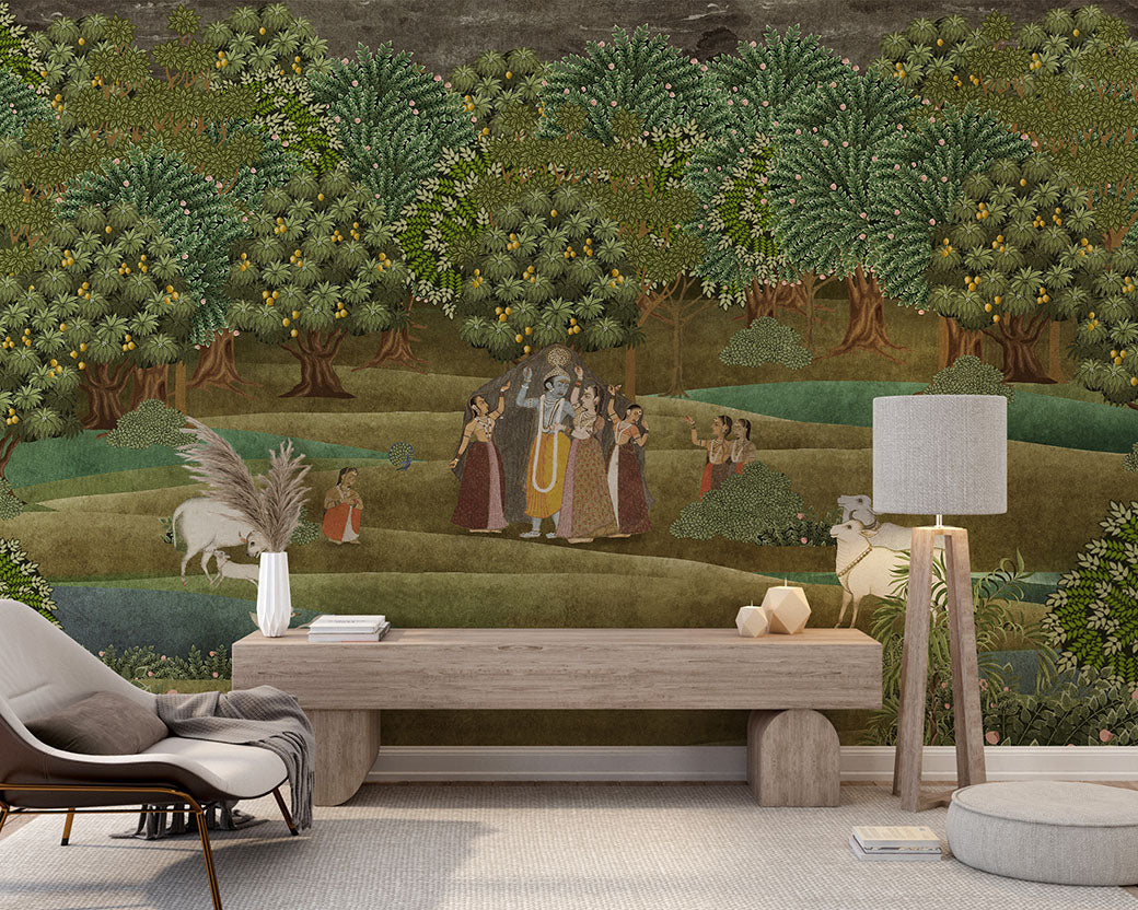 Vrindavan Leela Indian spiritual wall mural - view 4