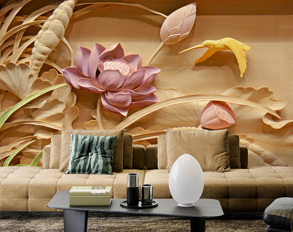 Pink Lotus 3d Mural Wallpaper | Bird Flower Wallpaper