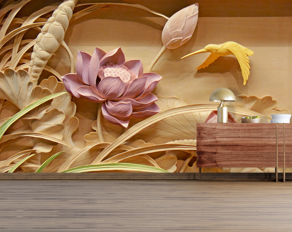 Pink Lotus 3d Mural Wallpaper | Bird Flower Wallpaper