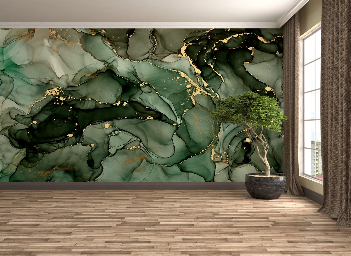 Fluid Green Gold Art Marble Texture Wallpaper