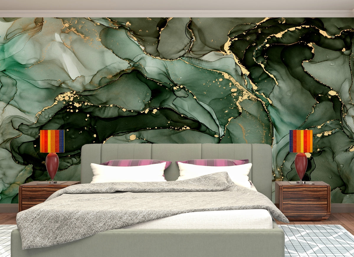 Fluid Green Gold Art Marble Texture Wallpaper